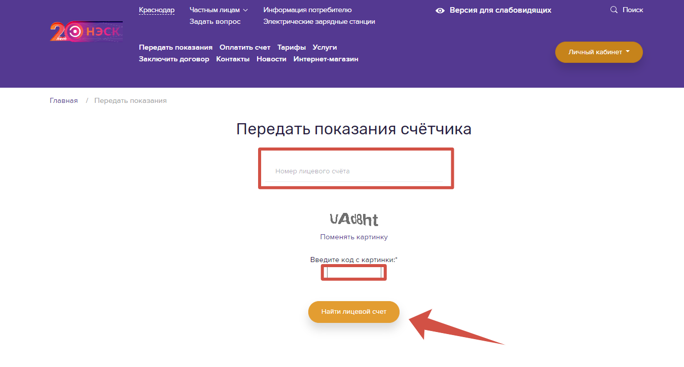 НЭСК передать показания счетчика